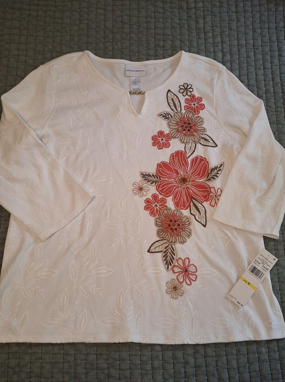 Alfred Dunner White V-Neck Tunic with Coral and Brown Floral Embroidery